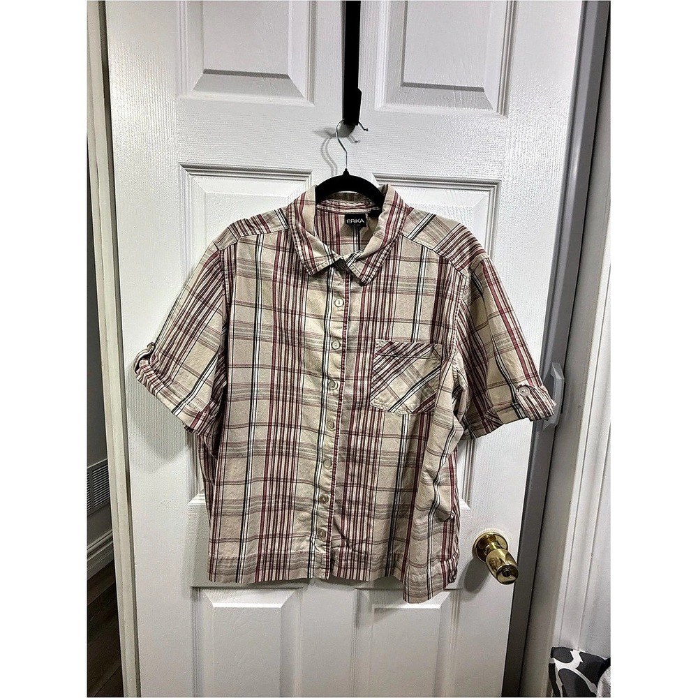 ERIKA Plaid Cotton Button Down Shirt Cream Red Short Sleeve Women 2X